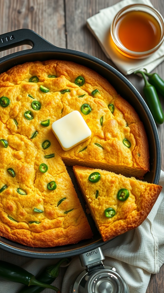 Golden jalapeño cornbread squares with melting butter, garnished with jalapeños, on a rustic table.